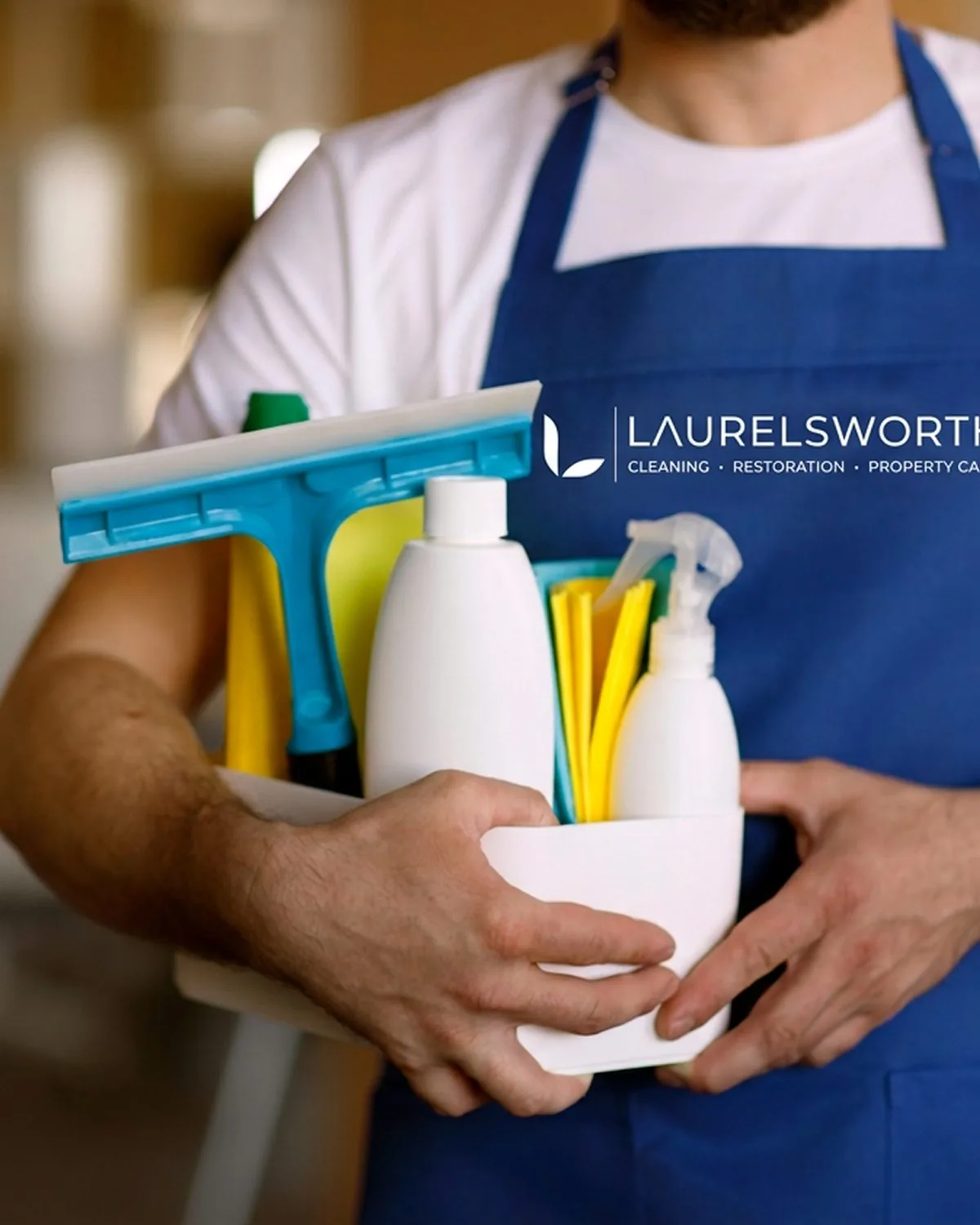A Laurelsworth cleaner in branded uniform carrying a caddy of cleaning supplies.